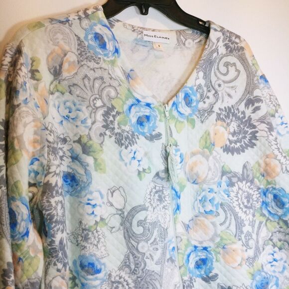 MISS ELAINE FRONT ZIP FRENCH KNIT Summer ROBE modest Floral flowers Sz small EUC - Picture 2 of 3